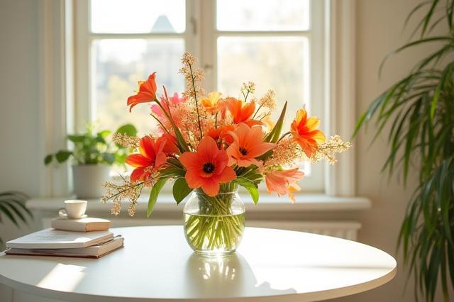 Un elegante arreglo floral fresco en un moderno espacio de oficina.