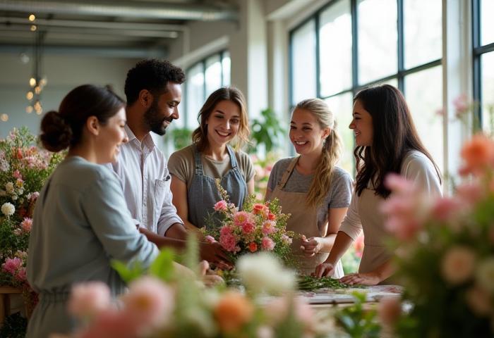 Equipo de floristas sonriendo y trabajando juntos en un taller floral moderno con abundante luz natural